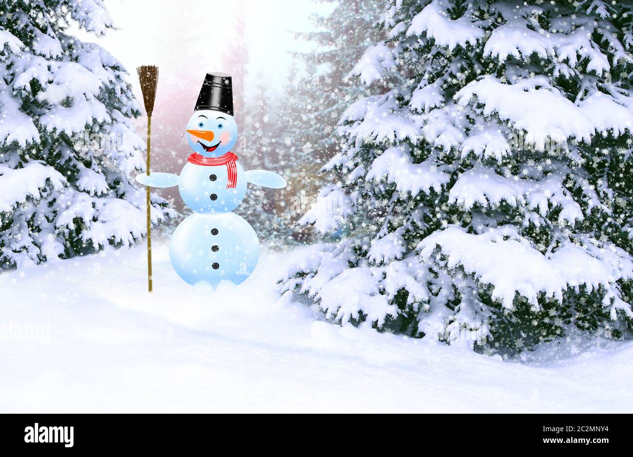 Joyful snowman in winter forest. New Year eve. Fabulous snowman in forest. Beautiful landscape with Stock Photo
