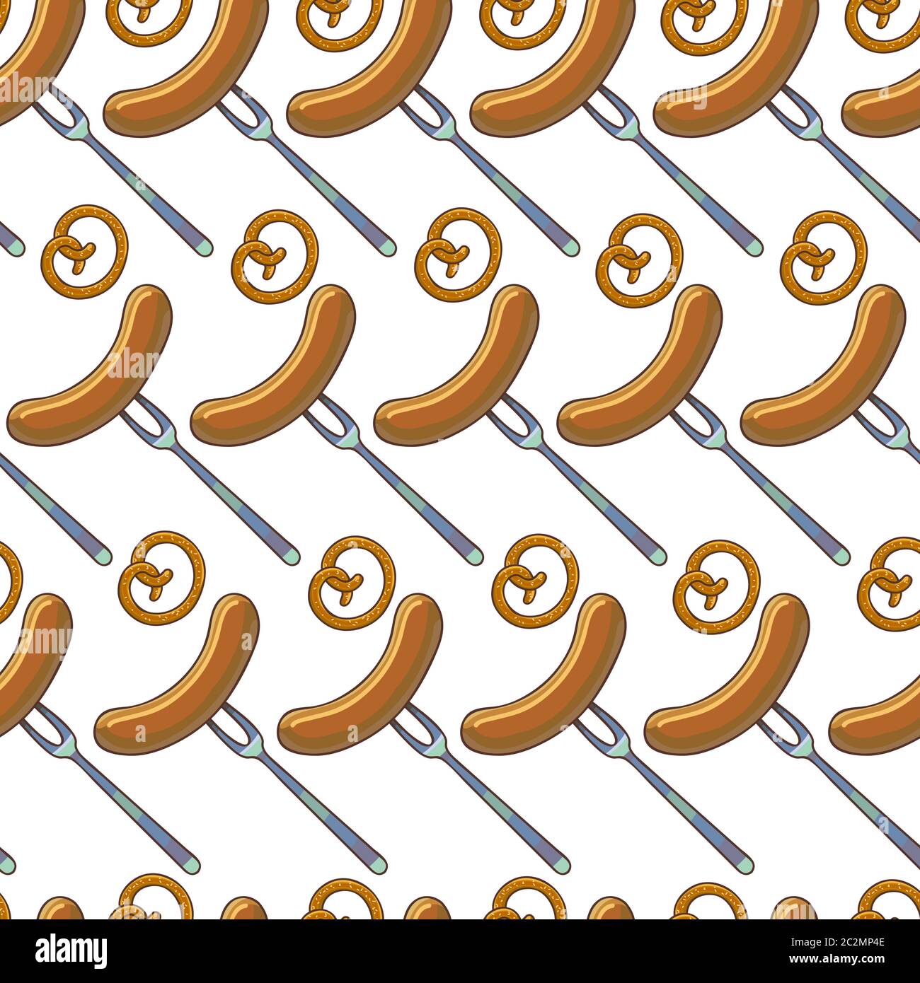 Grilled sausages on fork and pretzels seamless pattern Stock Vector