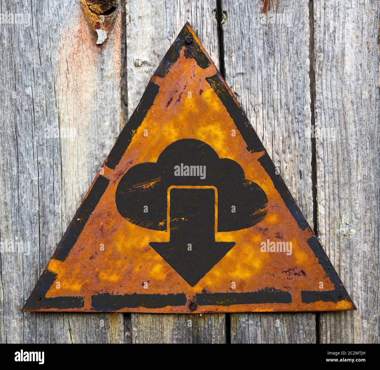 Cloud with Arrow Icon on Weathered Triangular Yellow Warning Sign ...
