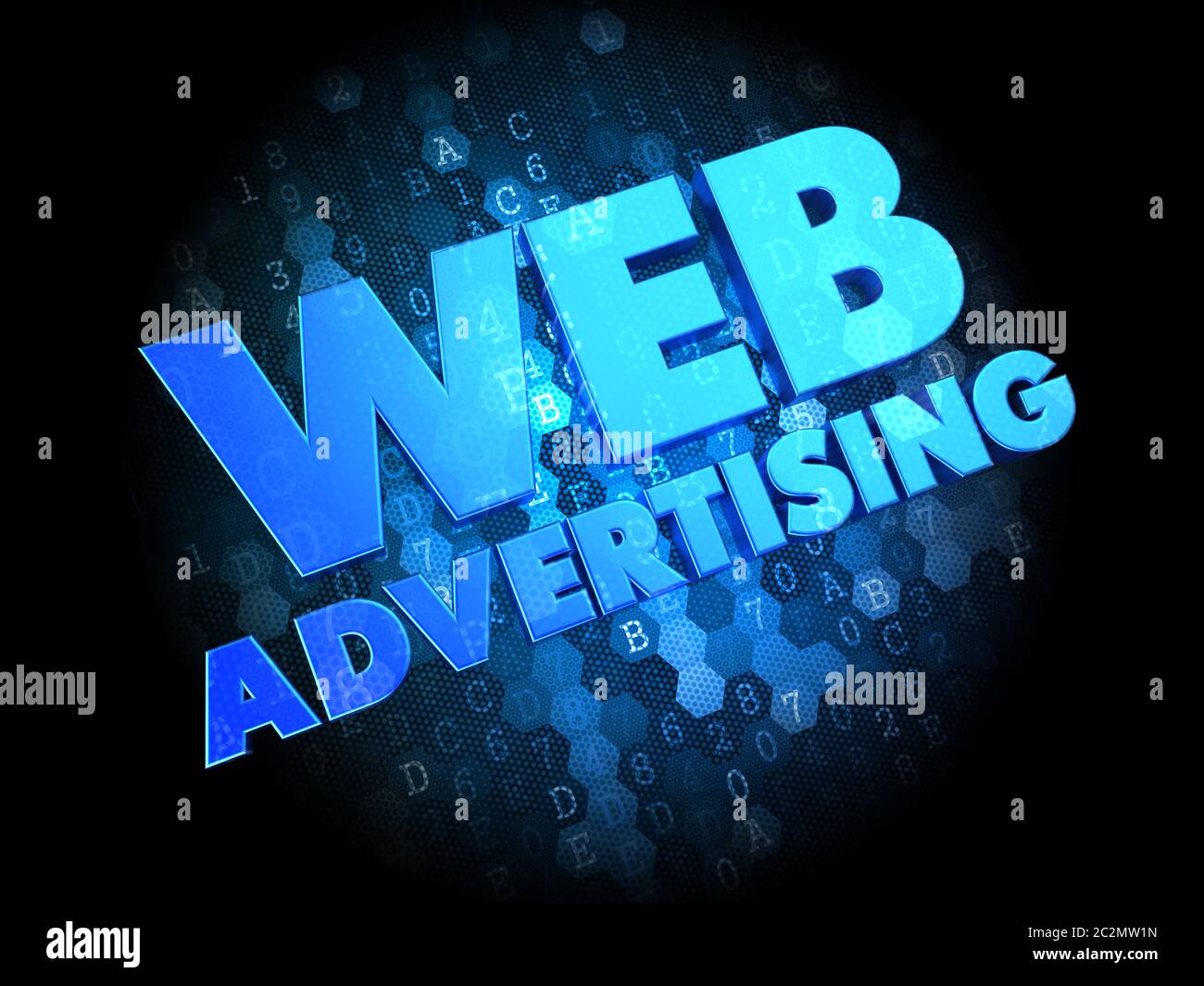 Web Advertising - Blue Color Text on Dark Digital Background. Stock Photo