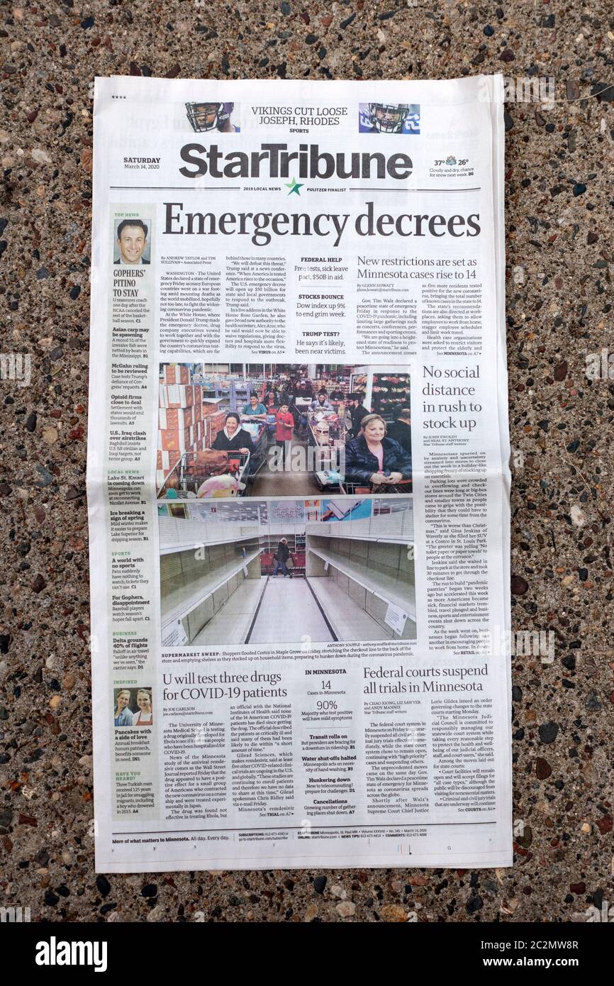Minneapolis Star Tribune headline 'Emergency Decrees' as the United States declared a Covid-19 pandemic state of emergency. St Paul Minnesota MN USA Stock Photo