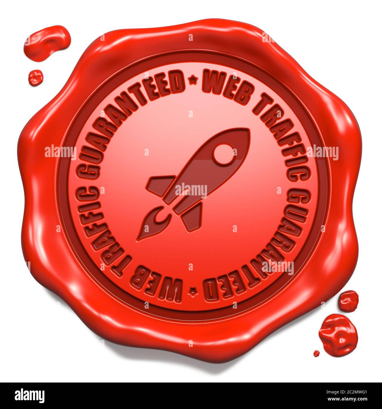 Web Traffic Guaranteed Slogan with Icon of Go Up Rocket - Stamp on Red Wax Seal Isolated on White. Business Concept. Stock Photo