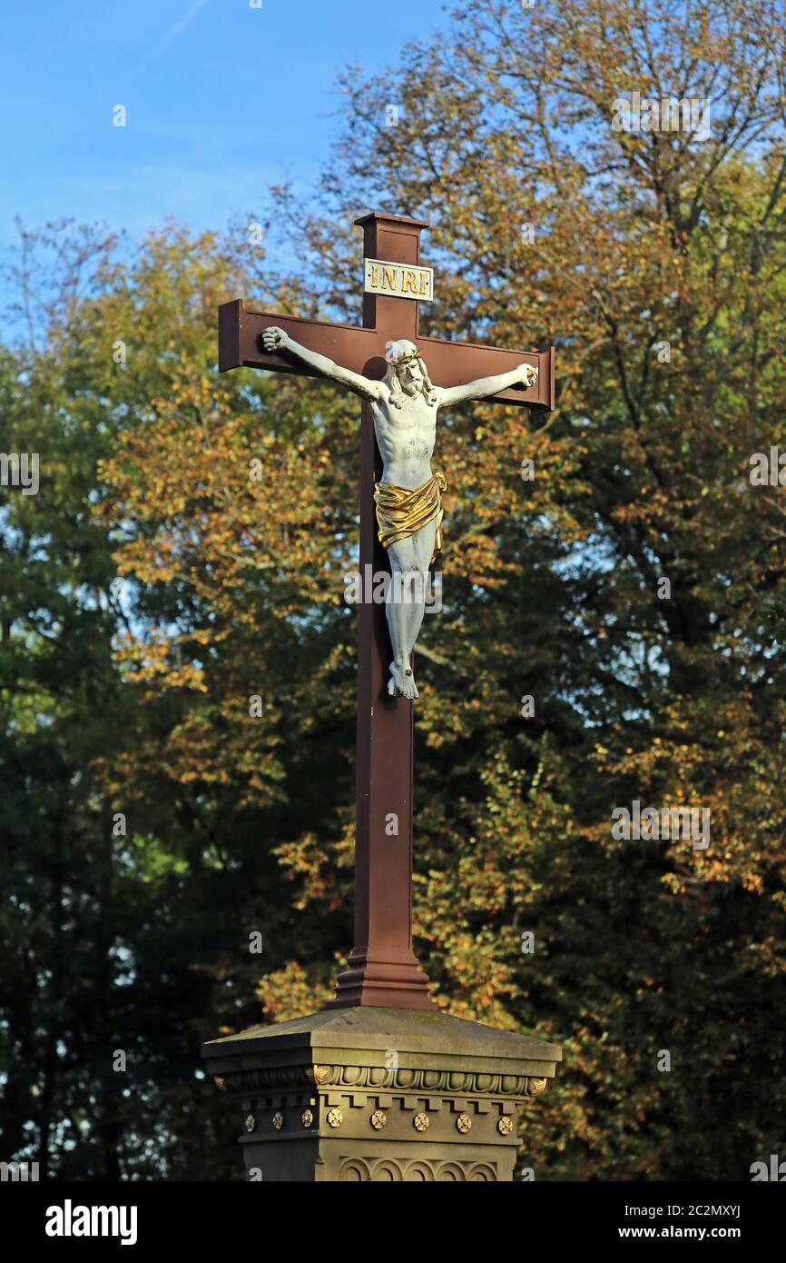 Crucifix in front of the pilgrimage chapel on the Letzenberg Stock Photo