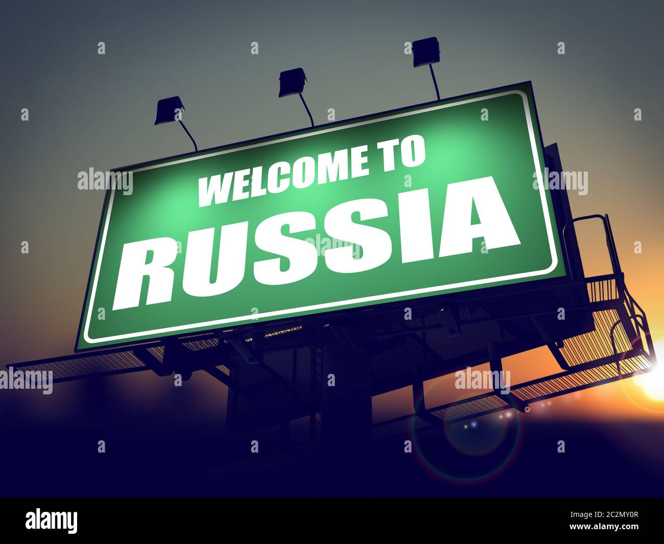 Welcome to Russia - Green Billboard on the Rising Sun Background. Stock Photo