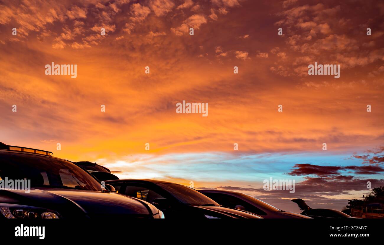 Summer Car Ride Car parked at outdoor car parking lot of campsite with beautiful sunset ...