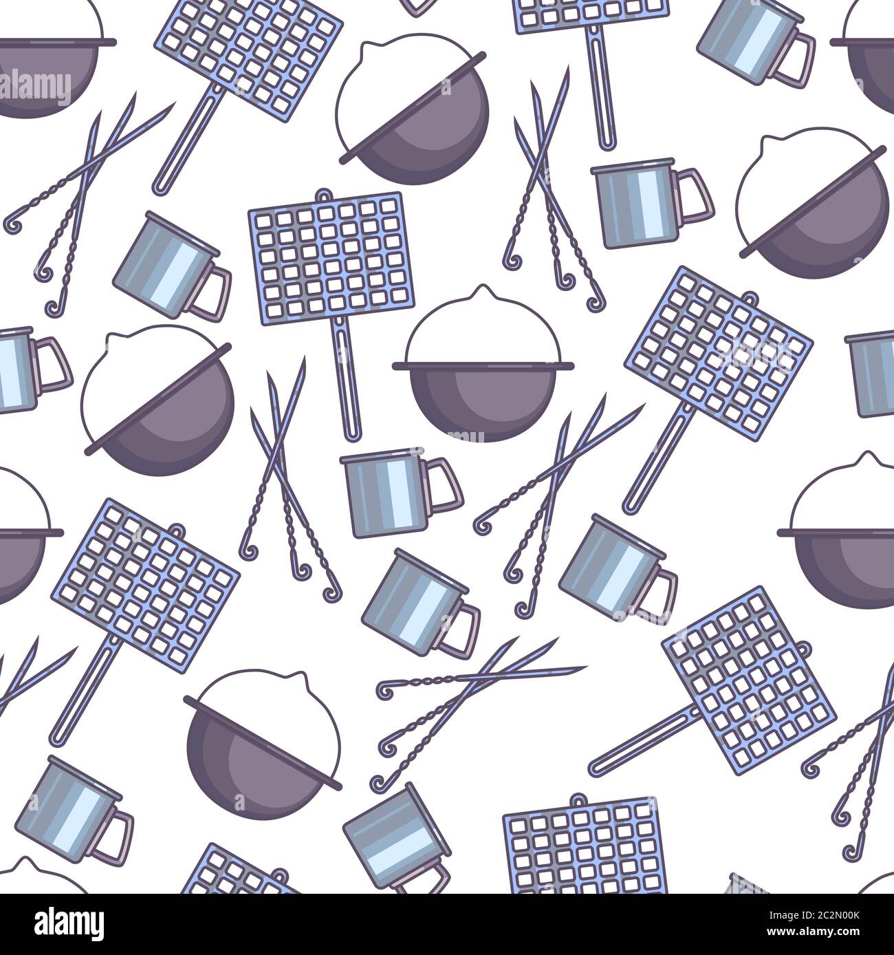 Kitchenware for cooking on picnic outdoors seamless pattern Stock Vector