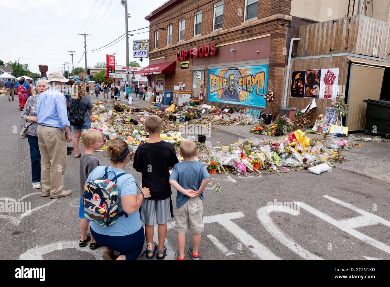 View of 38th and Chicago tribute and honoring George Floyd killed by police outside of Cup Foods. Minneapolis Minnesota MN USA Stock Photo