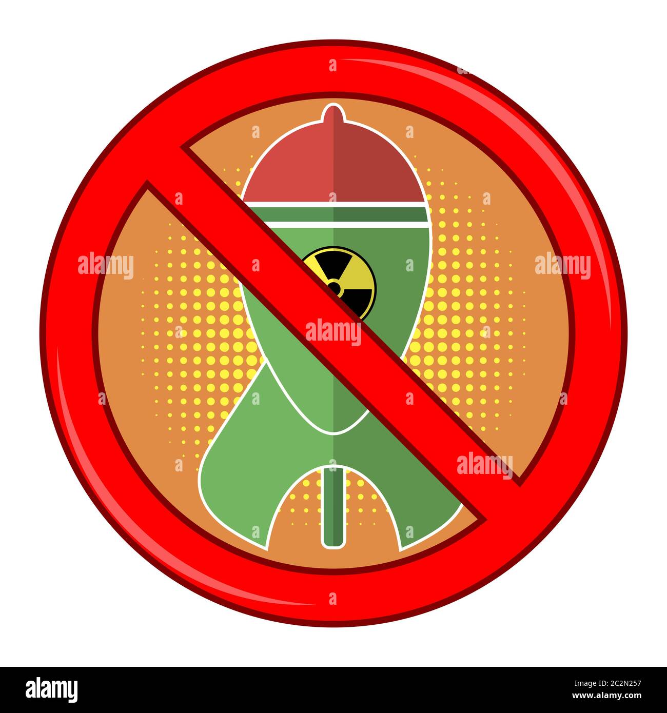 No War Sign Isolated on White Background. Green Atomic Bomb with Radiation Sign on Red Background. Nuclear Rocket. Weapon Icon. Explode Flash, Cartoon Stock Photo