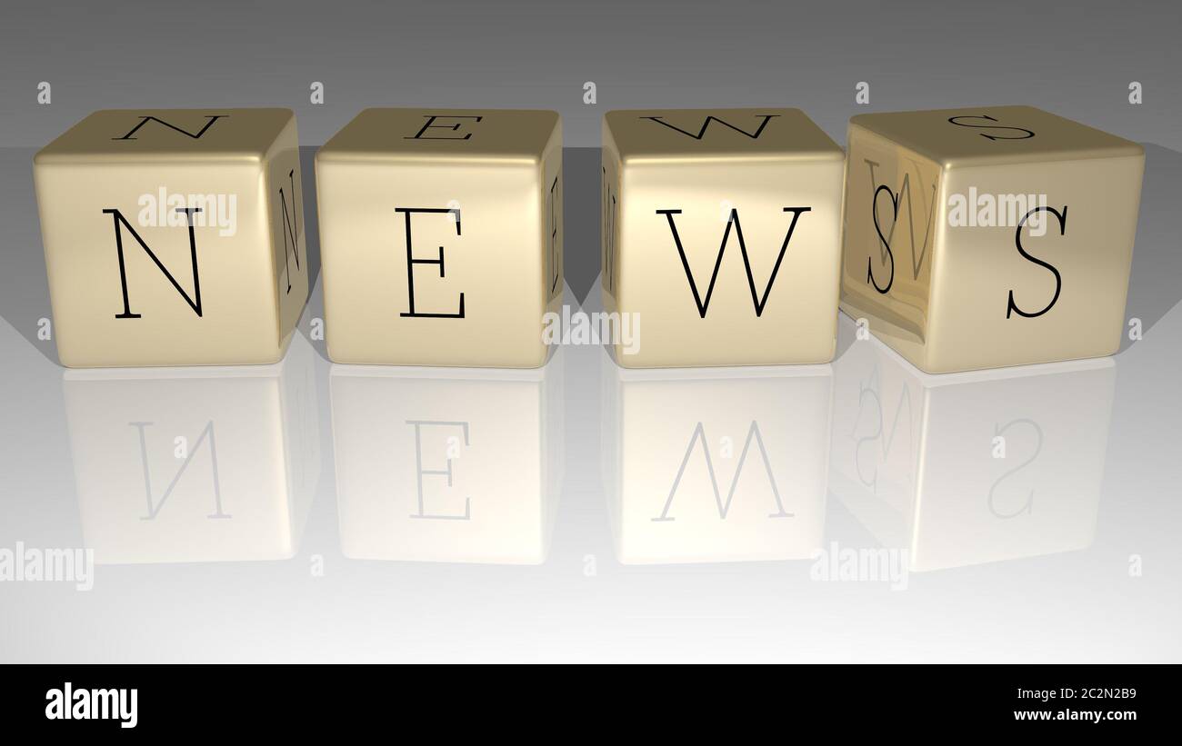 NEWS built by golden cubic letters from the top perspective, excellent for the concept presentation. 3D illustration Stock Photo
