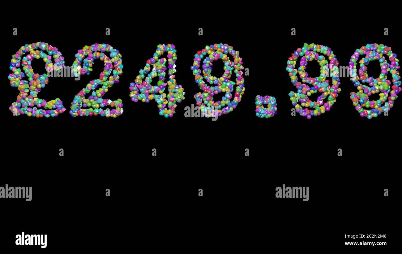 Colorful 3D writting of £249. text with small objects over a dark ...