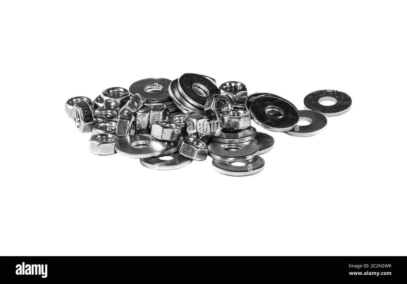 A handful of mounting washers and nuts Stock Photo