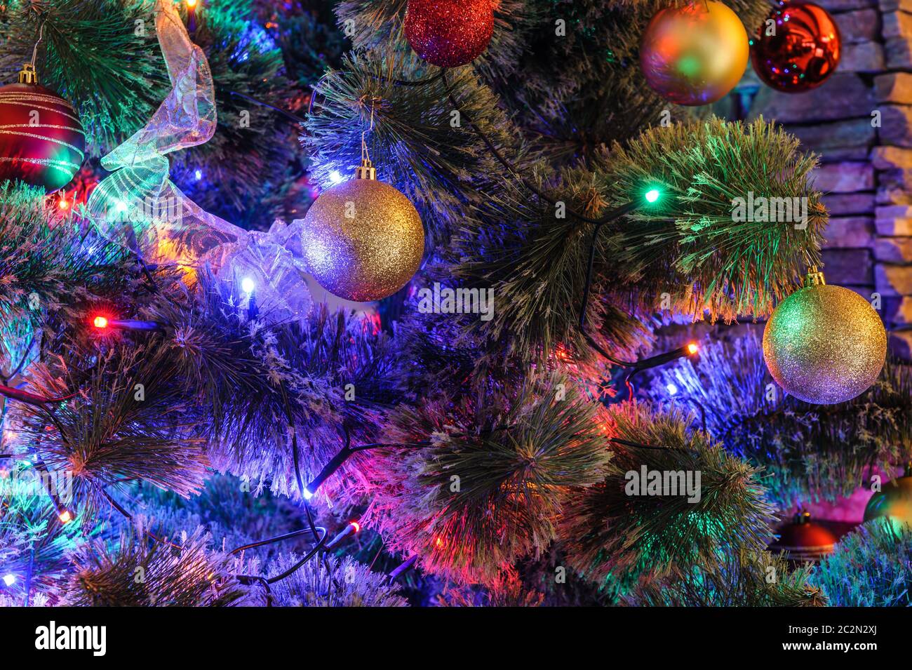 Decorated Christmas tree closeup Stock Photo