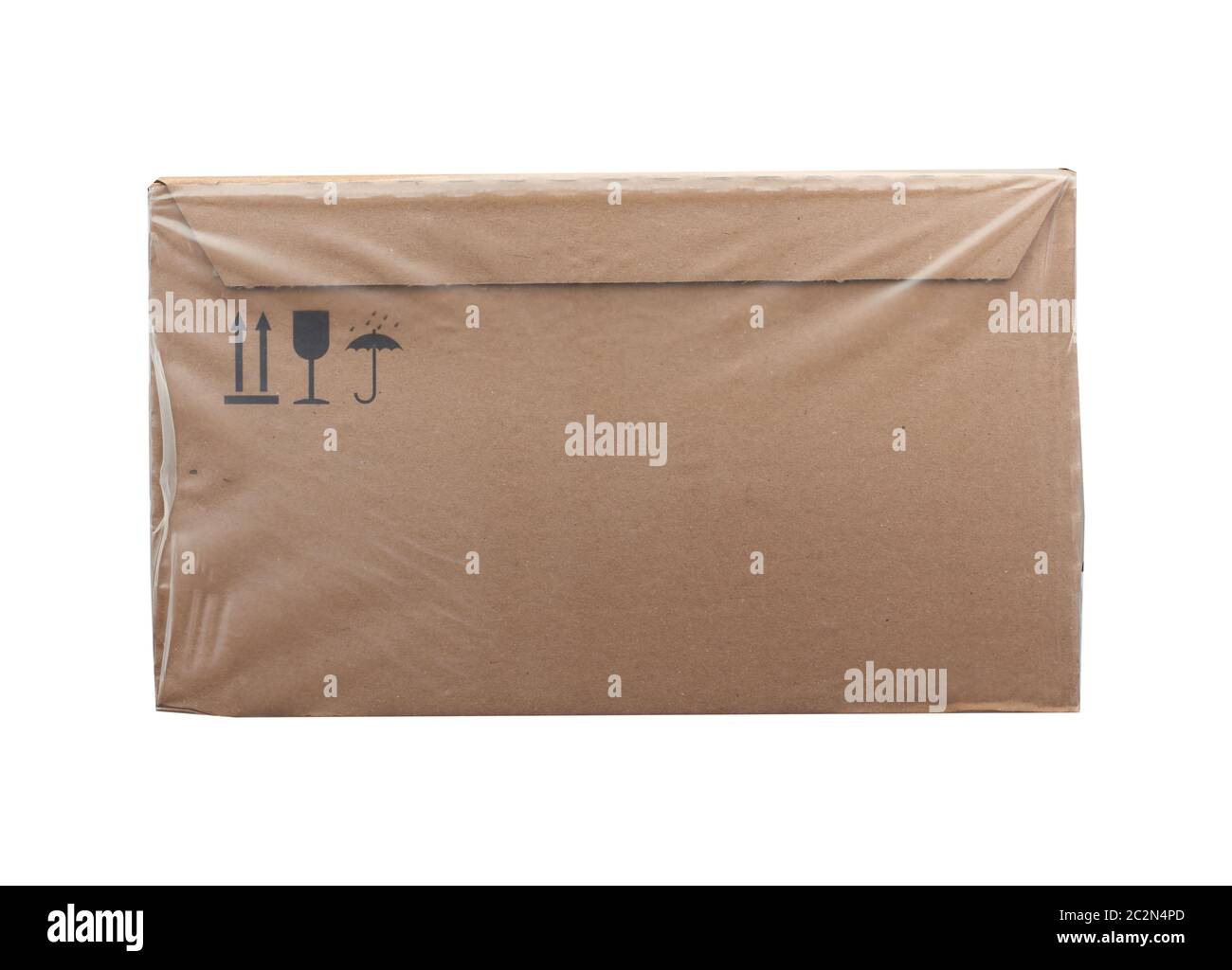 rectangular box wrapped in transparent polyethylene, box for transporting bottles, side view Stock Photo