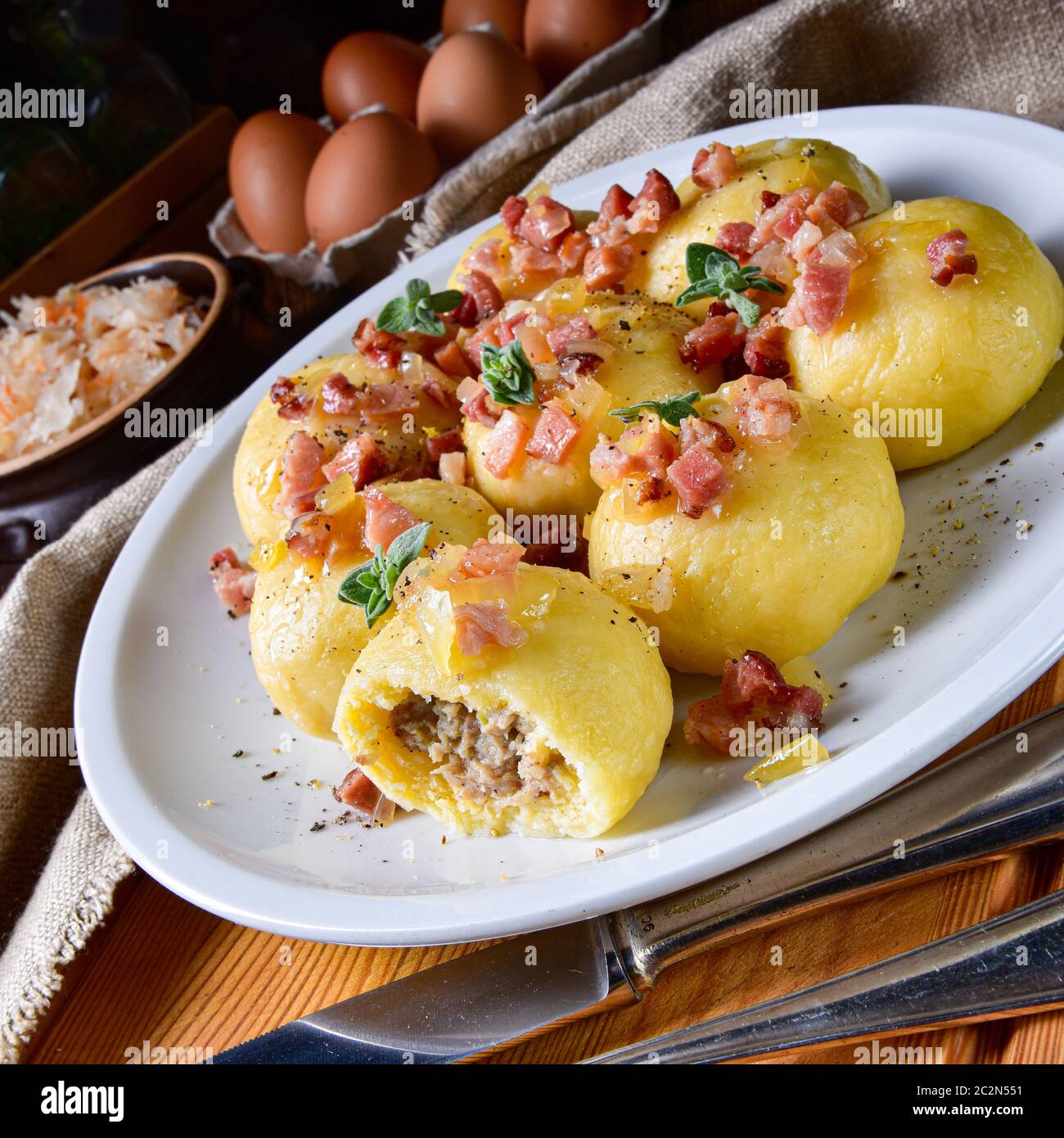 Polish dumplings with meat and mushroom sauerkraut filling Stock Photo