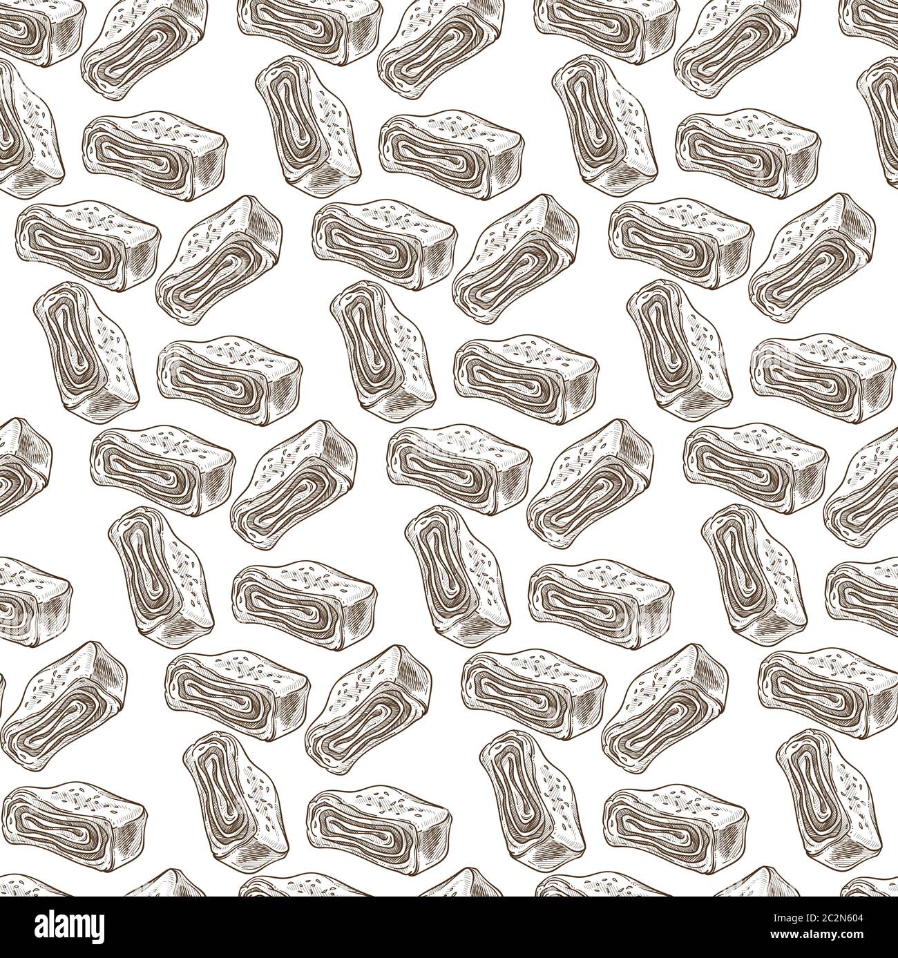 Roll cake with cream, sweets desserts seamless pattern Stock Vector