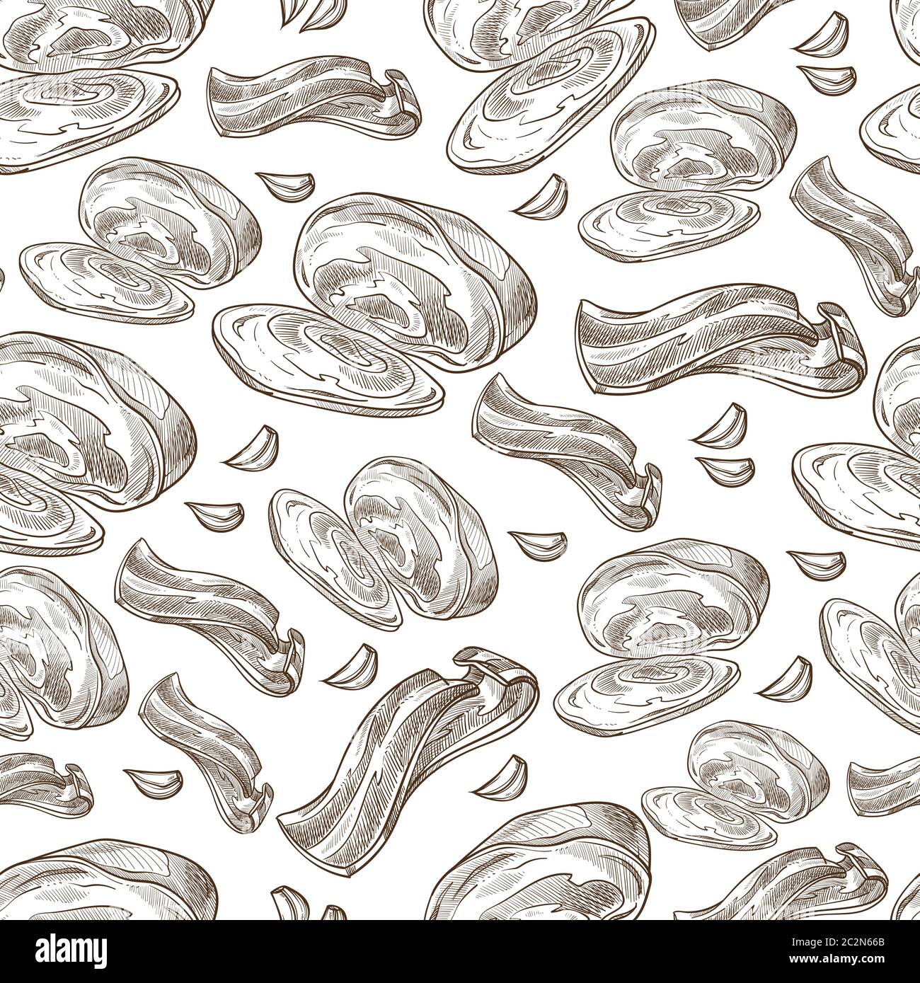 Breakfast or dinner, bacon and oysters seamless pattern Stock Vector