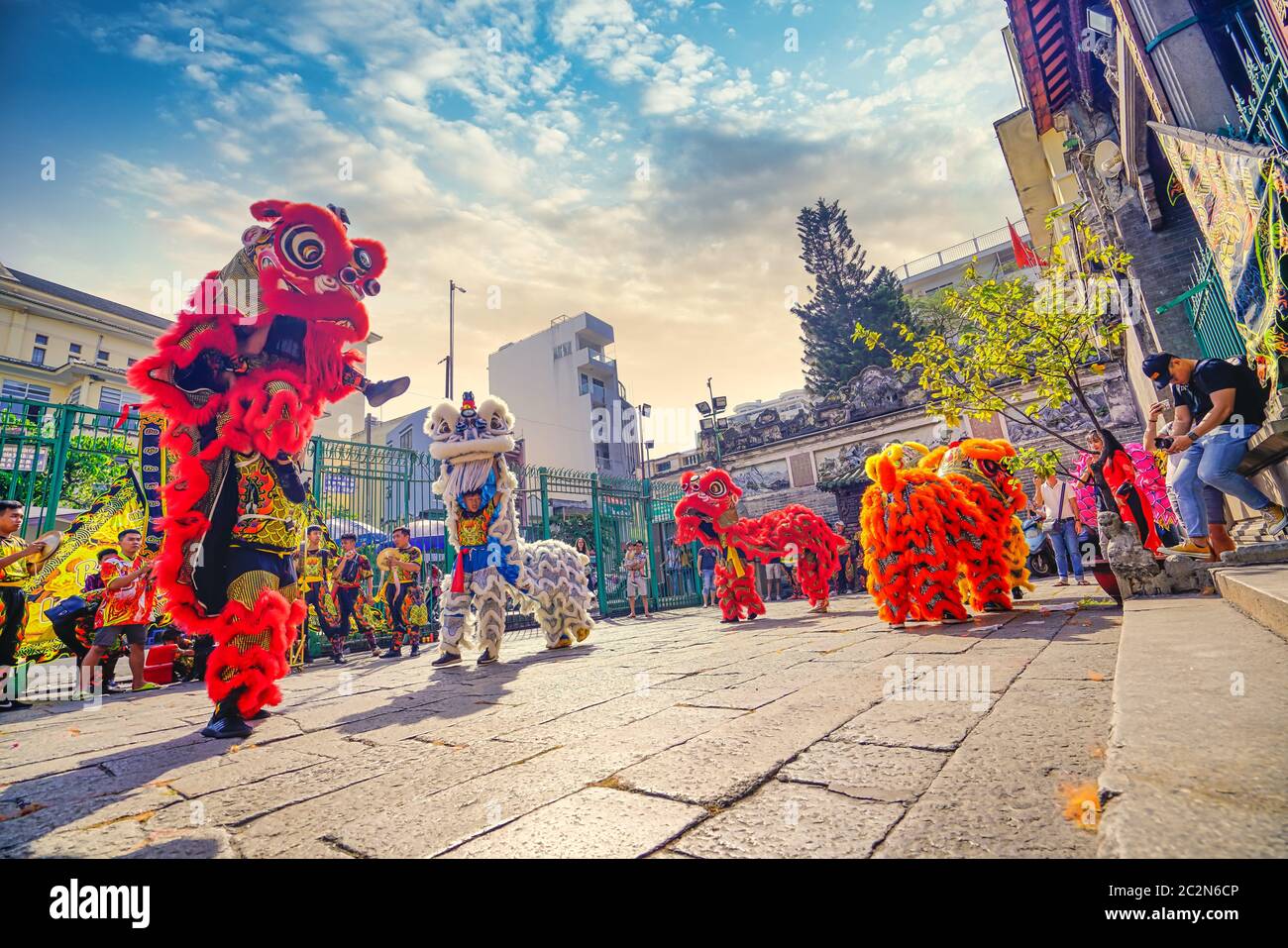 Ho Chi Minh City, Vietnam - JAN 05, 2020: Khai Quang Diem Nhan ceremony ('Open eyes') praying for lion and dragon dance at Thien Hau temple (Chinatown Stock Photo