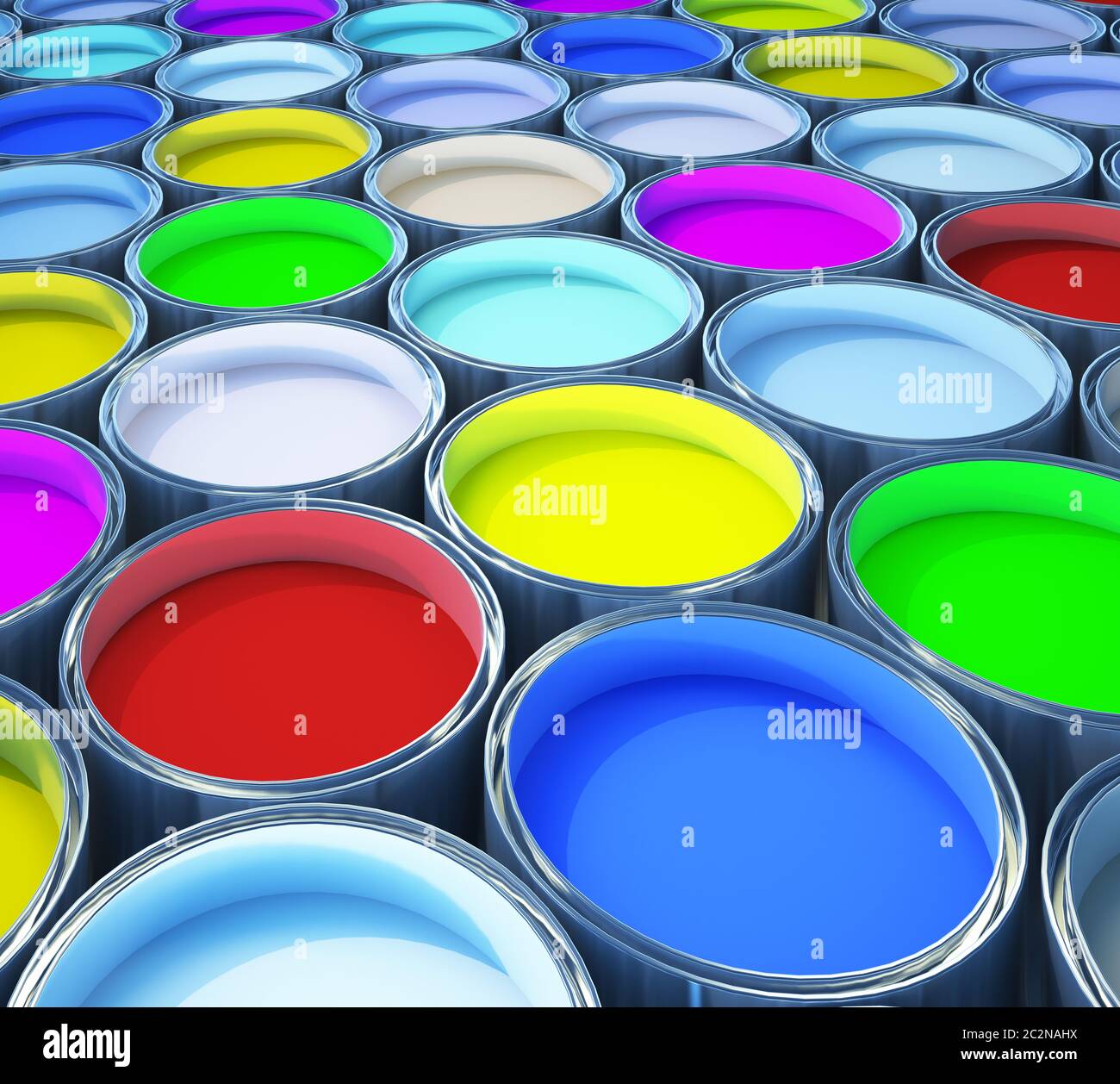 Lot of opened paint buckets with various colors Stock Photo Alamy