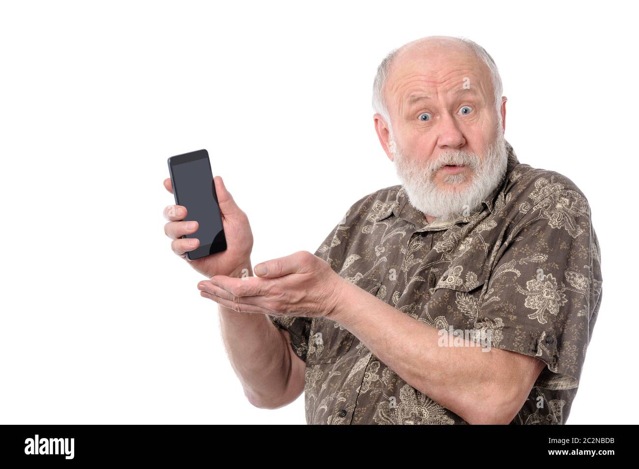 senior man showing something at smartphone screen, isolated on white Stock Photo