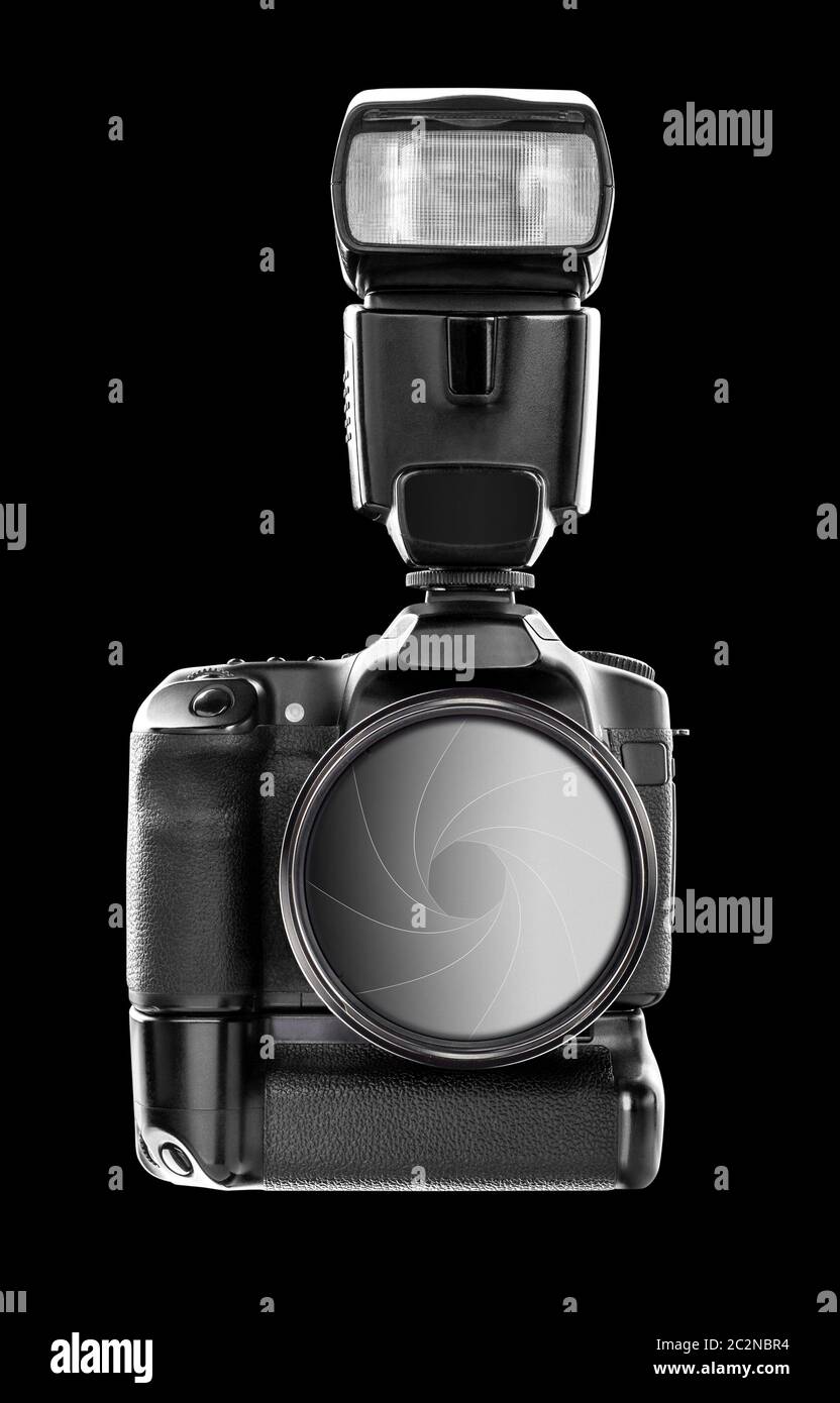 Digital camera isolated on black Stock Photo - Alamy