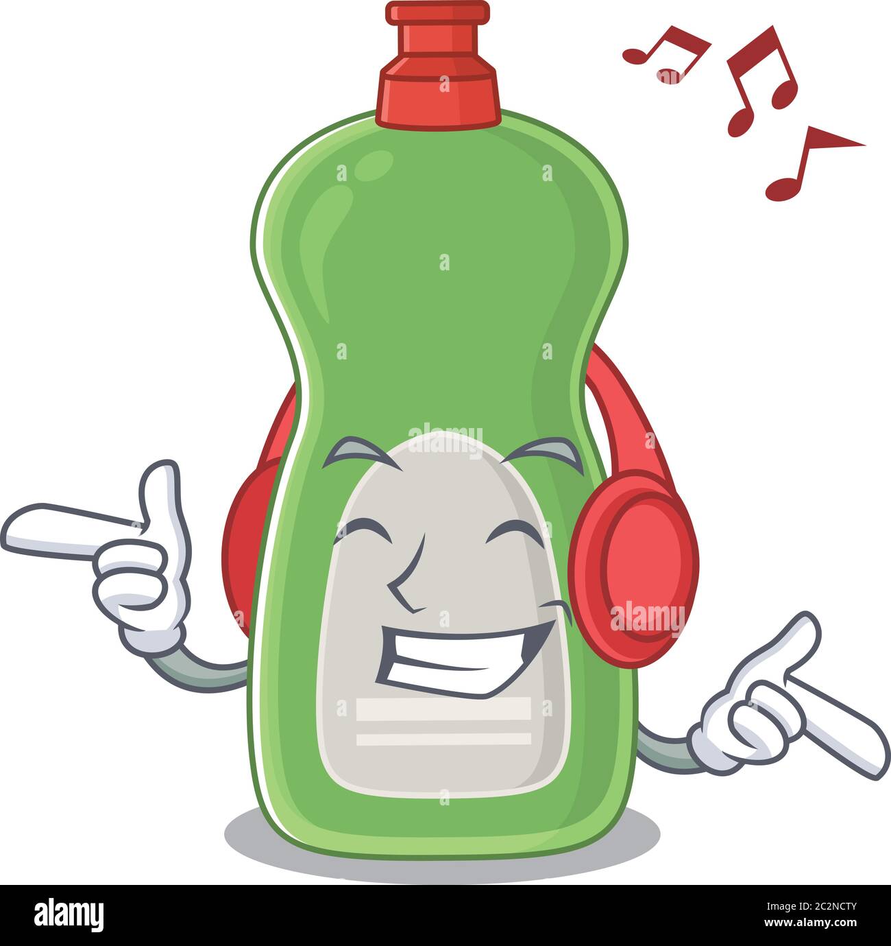 A Caricature design style of dishwashing liquid listening music on