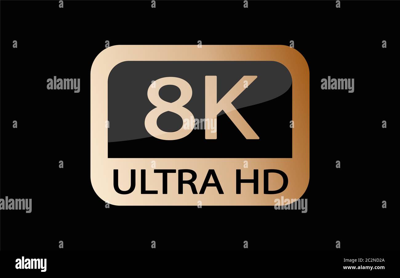 Black, white and golden video or screen resolution icons. Set from 1080p to 8k. 8K UHD is the highest resolution defined in the Rec. 2020 standard. Stock Photo