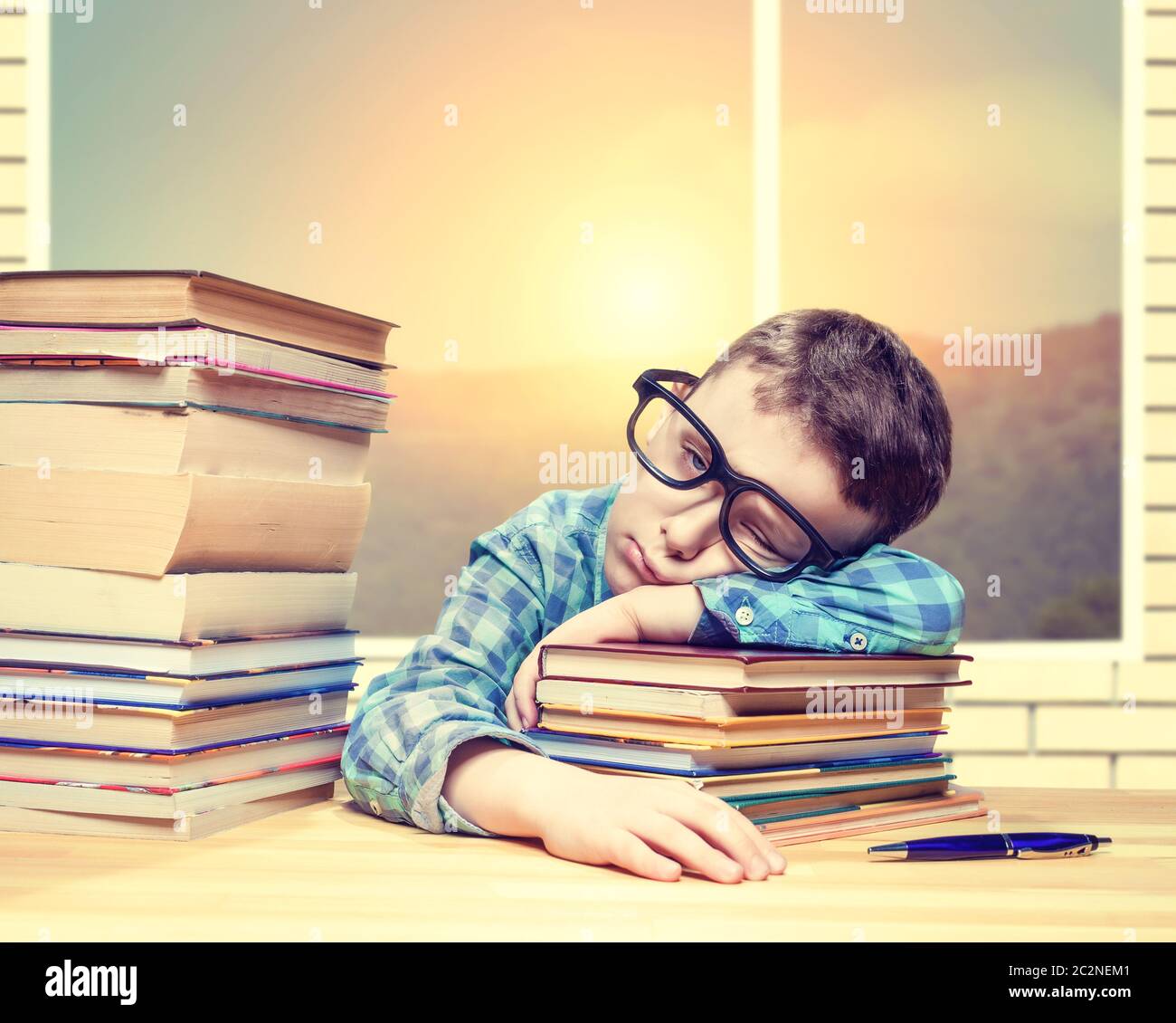 Little boy fells asleep over a stack of books in school library. Young ...
