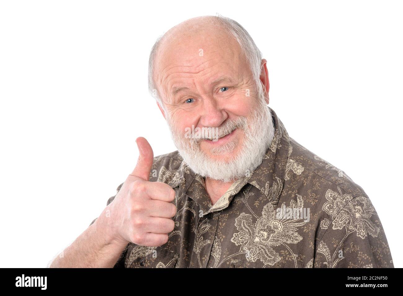 Senior man shows thumbs up gesture, isolated on white Stock Photo