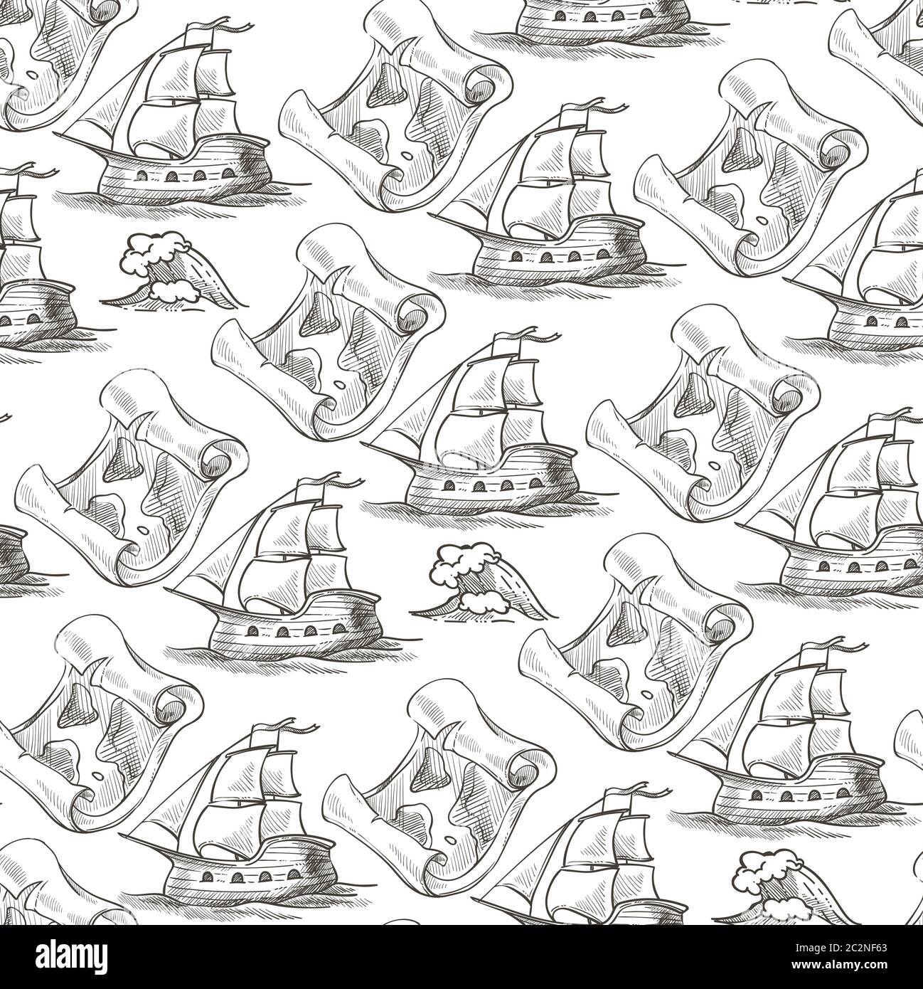 Vintage ship and map on parchment paper seamless pattern Stock Vector