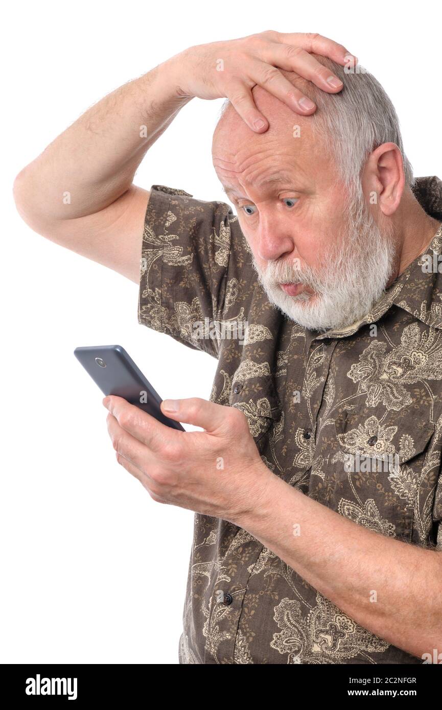 senior man confused with something at mobile smartphone, isolated on white Stock Photo