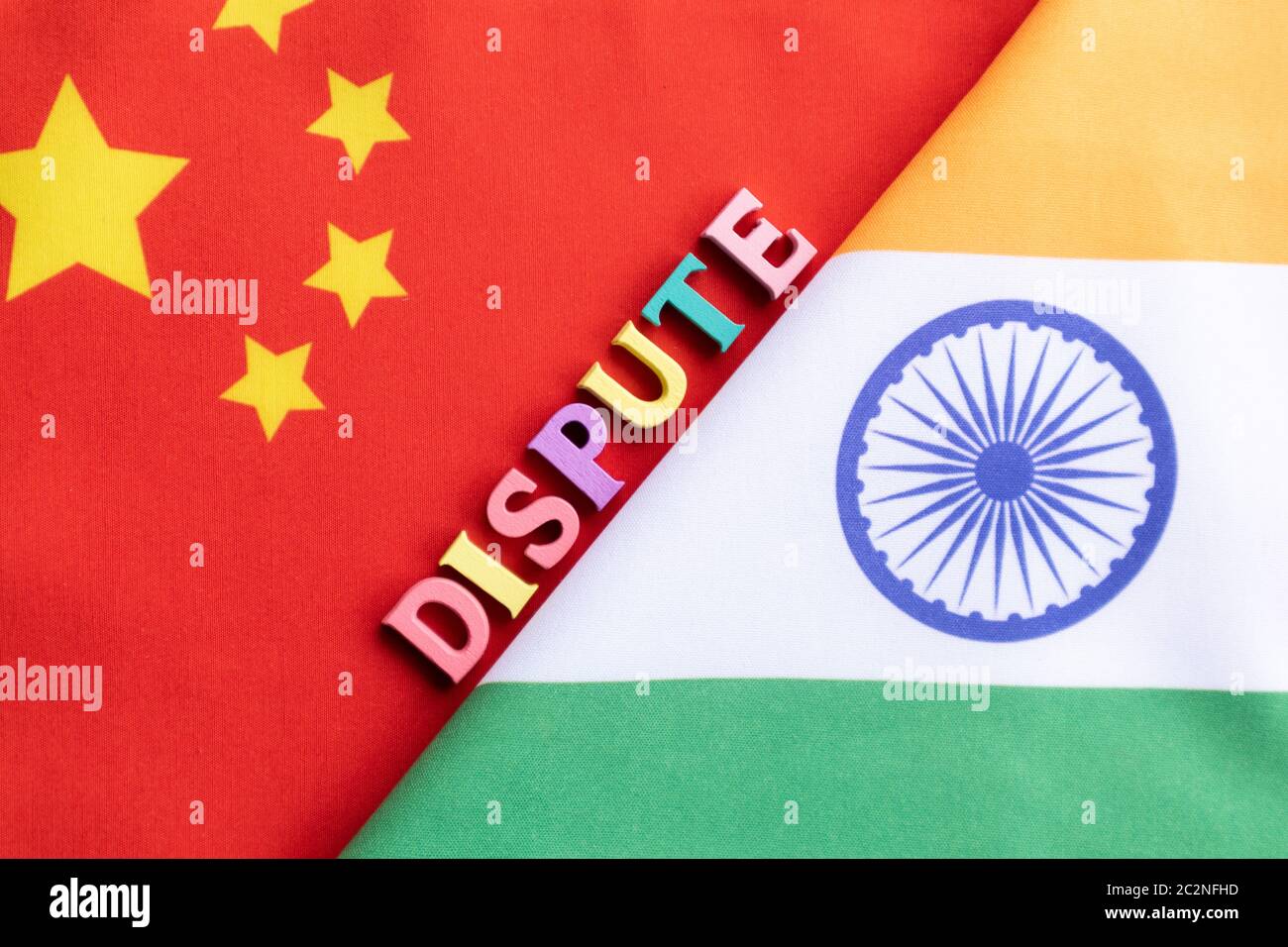 Concept showing of Dispute between the India and China with Flags. Stock Photo