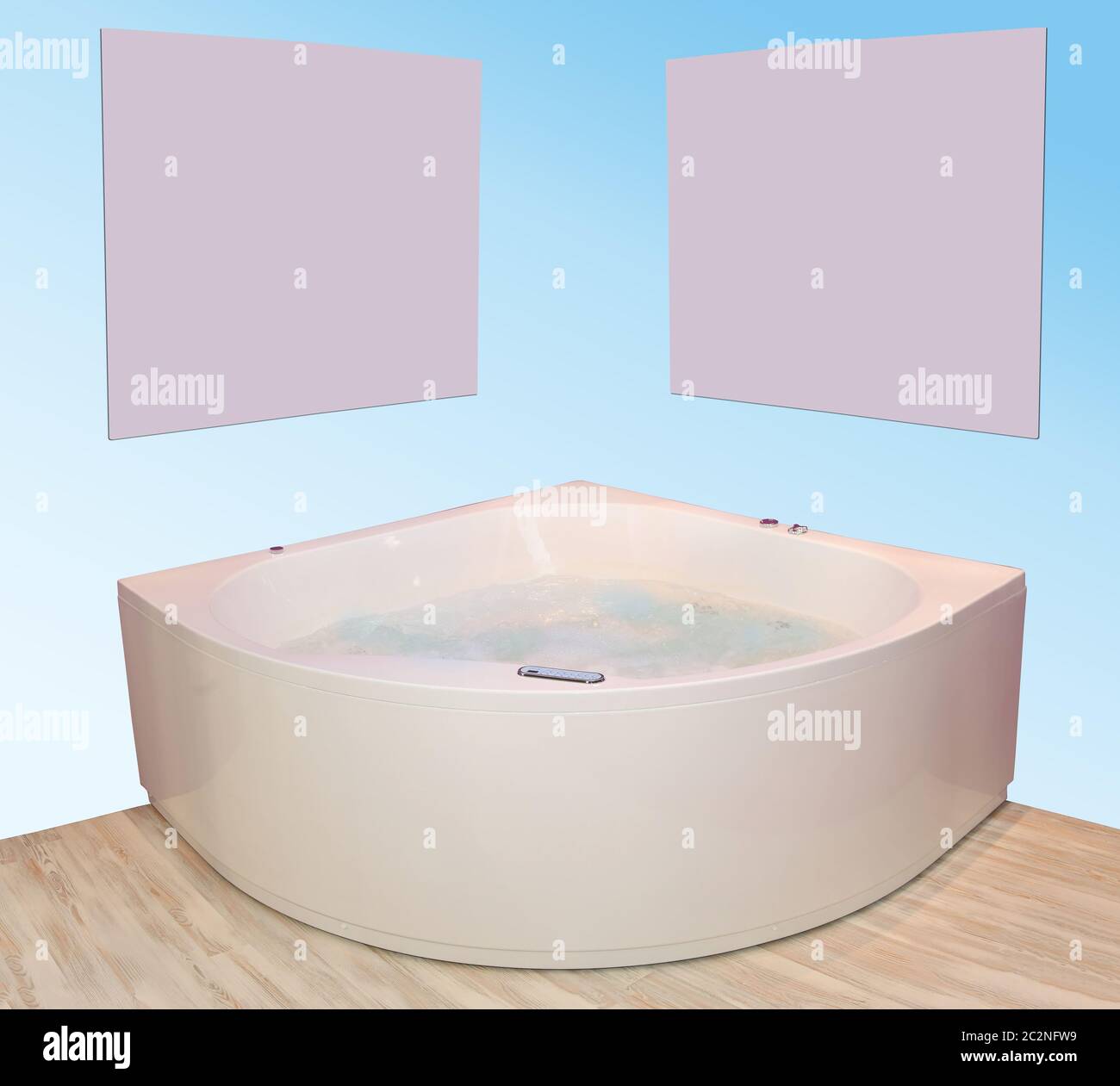 Modern hot tub inside bathroom corner with wooden floor Stock Photo - Alamy