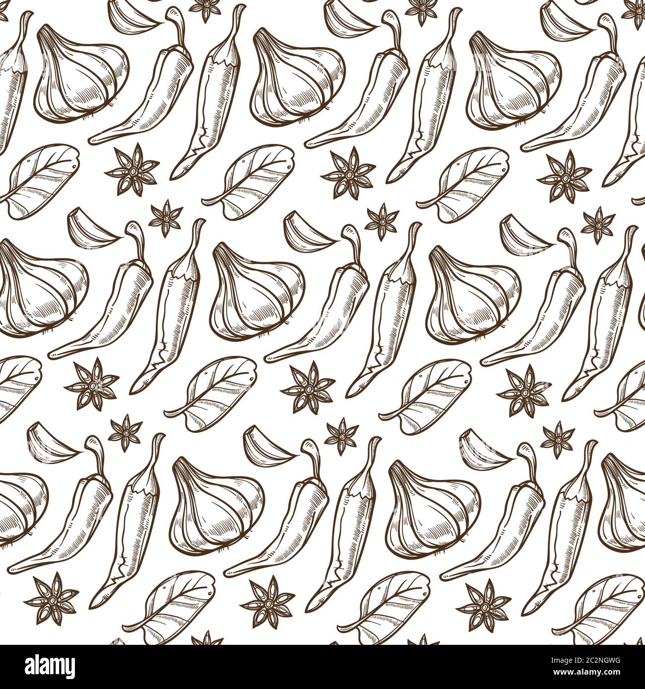 Chilli pepper, anise and garlic, herbs seamless pattern Stock Vector