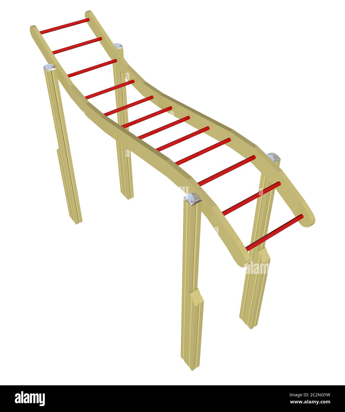 Monkey bars, red and yellow, 3D illustration, isolated against a white background. Stock Photo