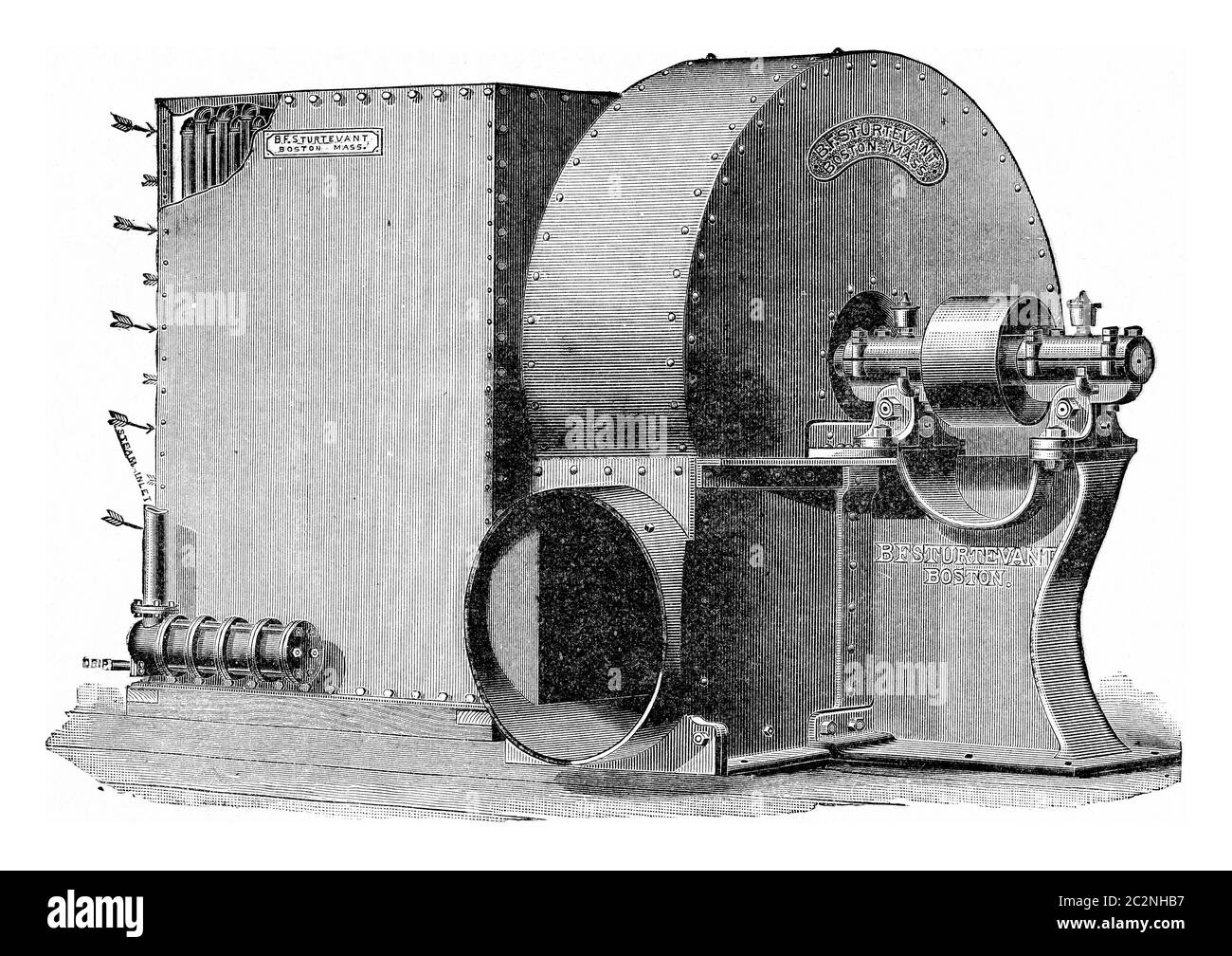 Group calorigenic Sturtevant, with fan control via pulley, vintage engraved illustration. Stock Photo