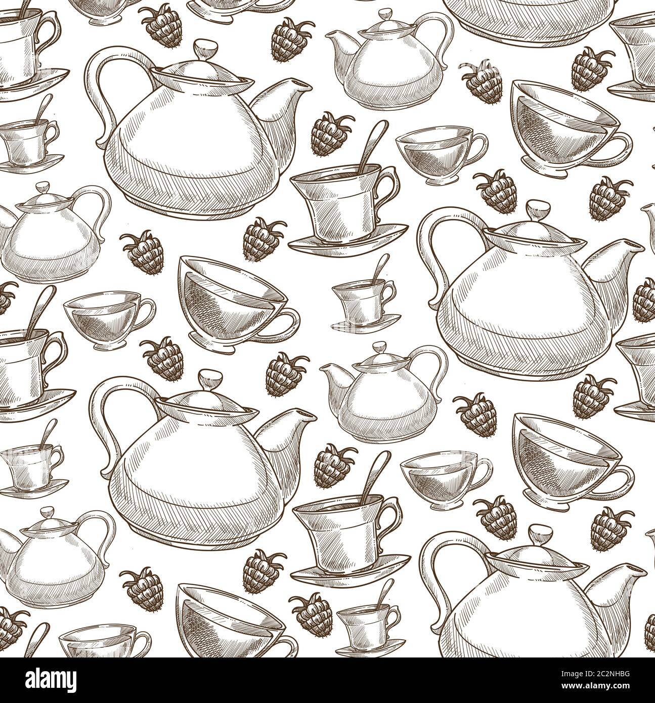 Raspberry tea, cup and kettle teapot seamless pattern Stock Vector