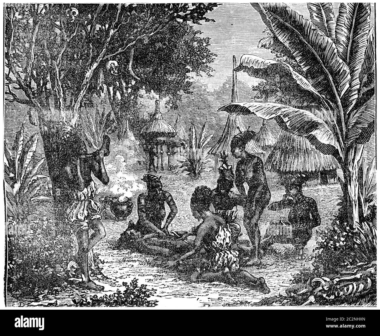 Cannibals of Central Africa in 1870, vintage engraved illustration. Earth before man – 1886. Stock Photo