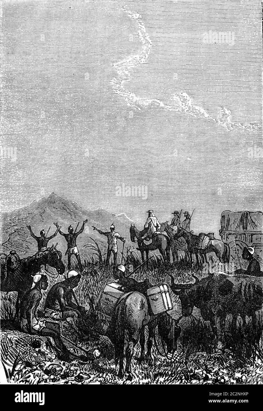 Soldier explorers and Makololo tribe native hunters in South Africa. From Jules Verne 3 Russians and 3 English Book, vintage engraving, 1871. Stock Photo
