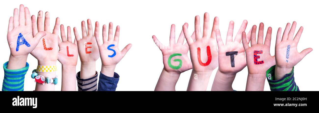 Children Hands Building Colorful German Word Alles Gute Means Best Wishes. White Isolated Background Stock Photo