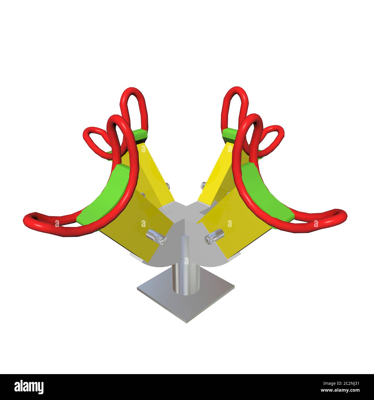 Red, green and yellow four-person children see-saw, 3D illustration, isolated against a white background Stock Photo