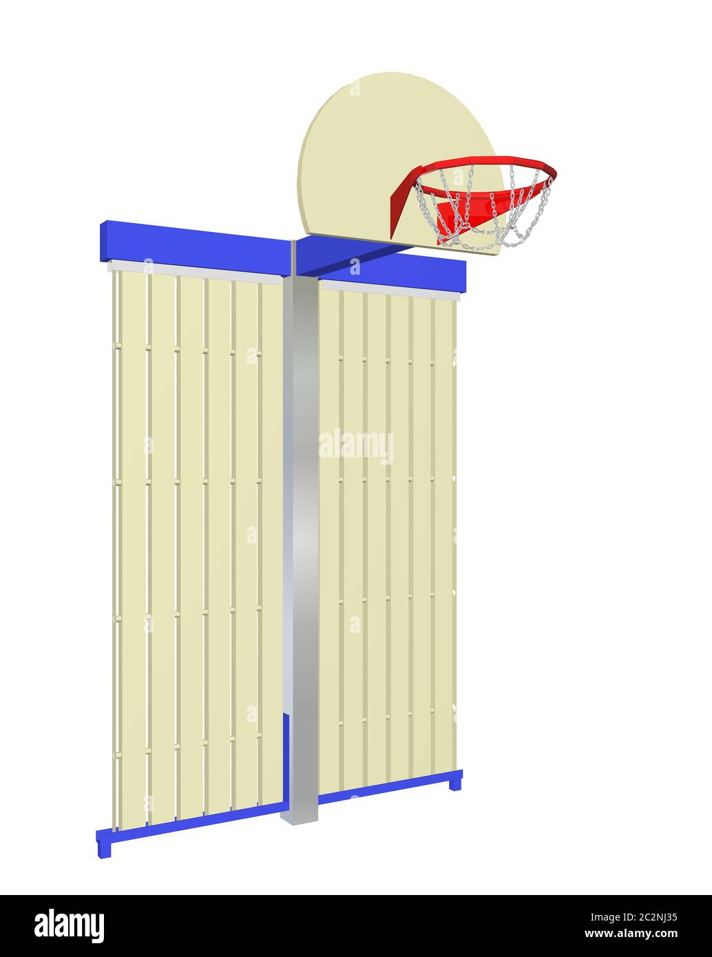 Red, blue and beige wall-mounted basketball goal with protective backing, isolated against a white background Stock Photo