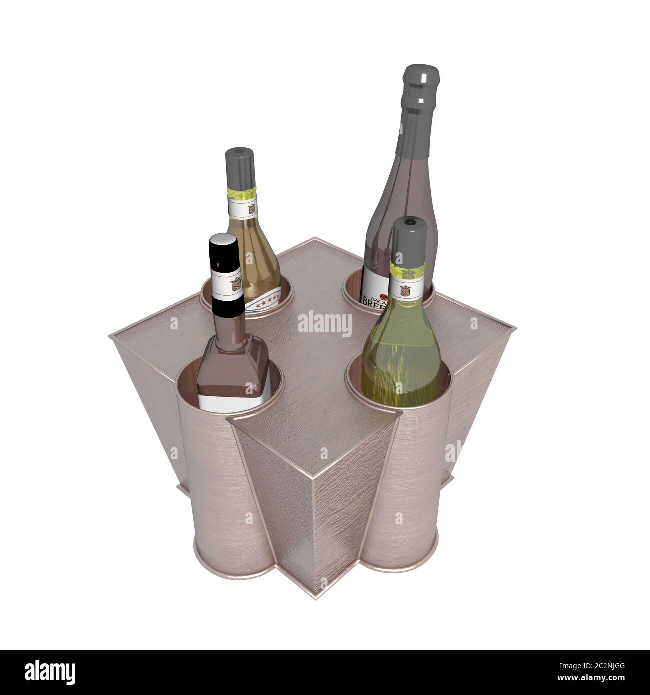 Wine and liquor bottles in a metal holder or rack, 3D illustration, isolated against a white background Stock Photo