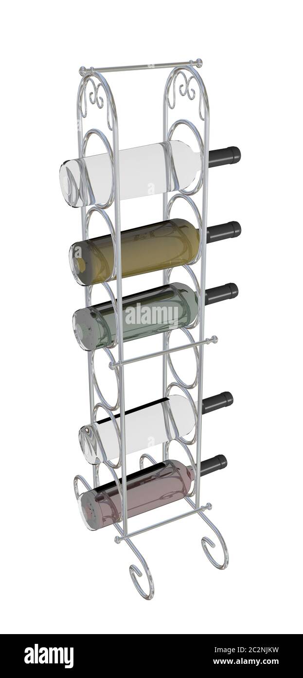 Wine bottles placed on a metal wine rack, 3D illustration, isolated ...