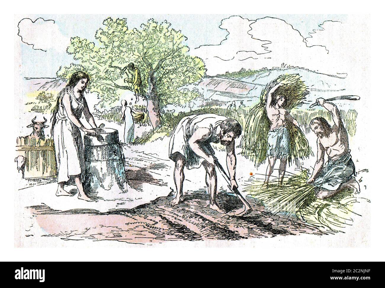 Agricultural work in the Iron Age, vintage engraved illustration. From ...