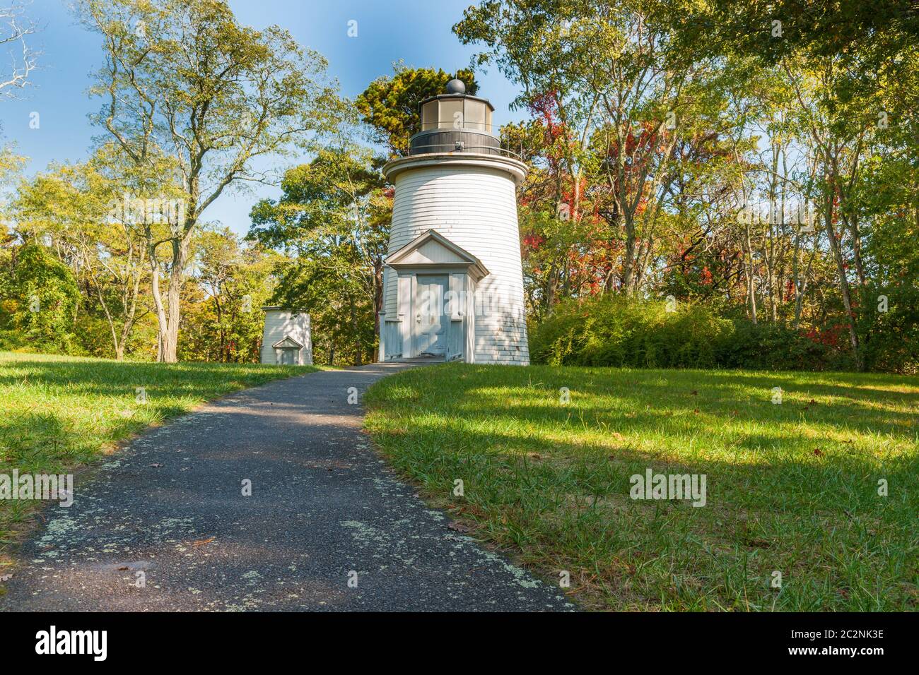 Three Sisters lights Nauset Beach,  Seashore and lighthouse. Cape Cod, USA. Stock Photo