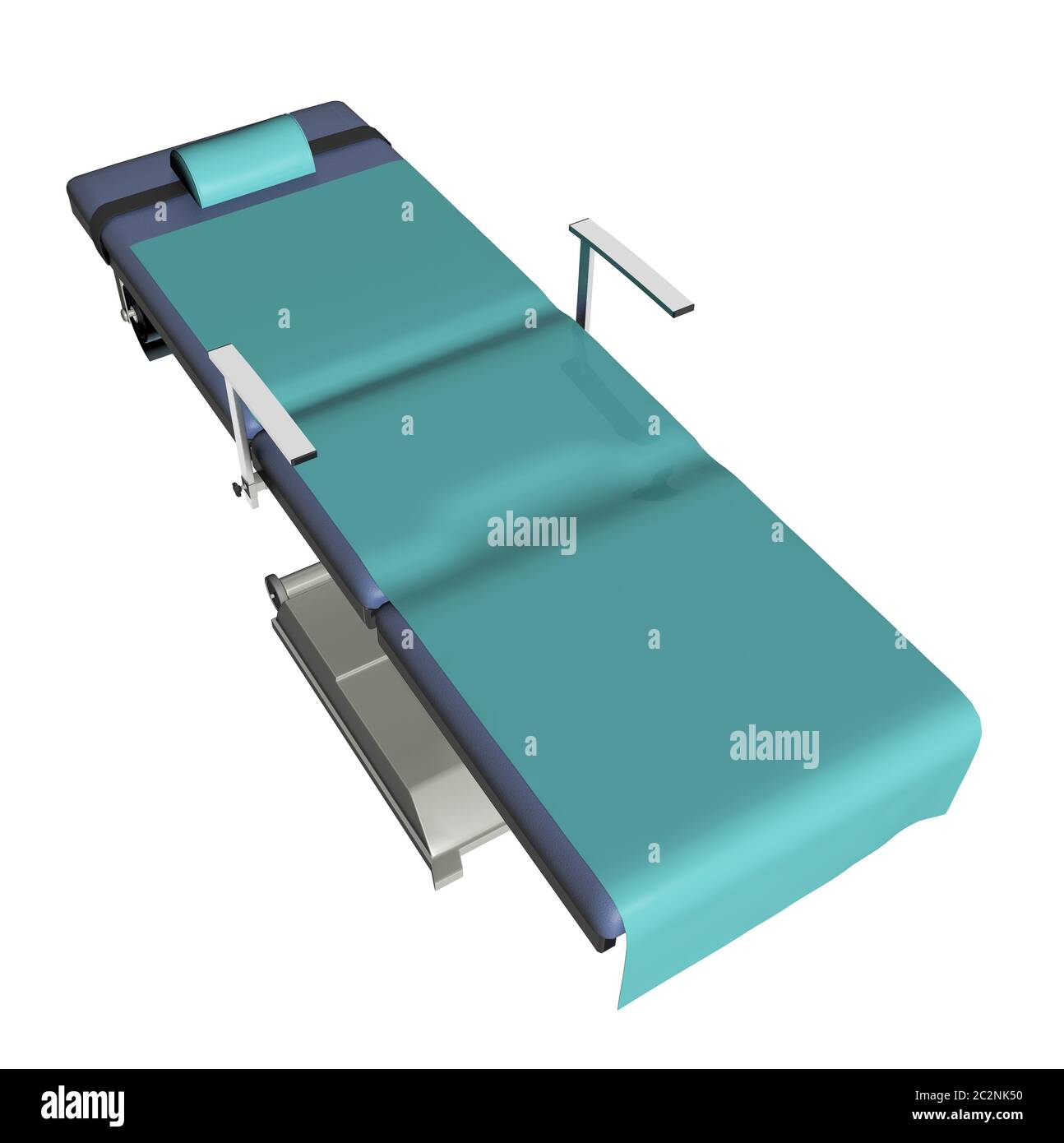 Adjustable medical examination table or bed with green sheet, 3D