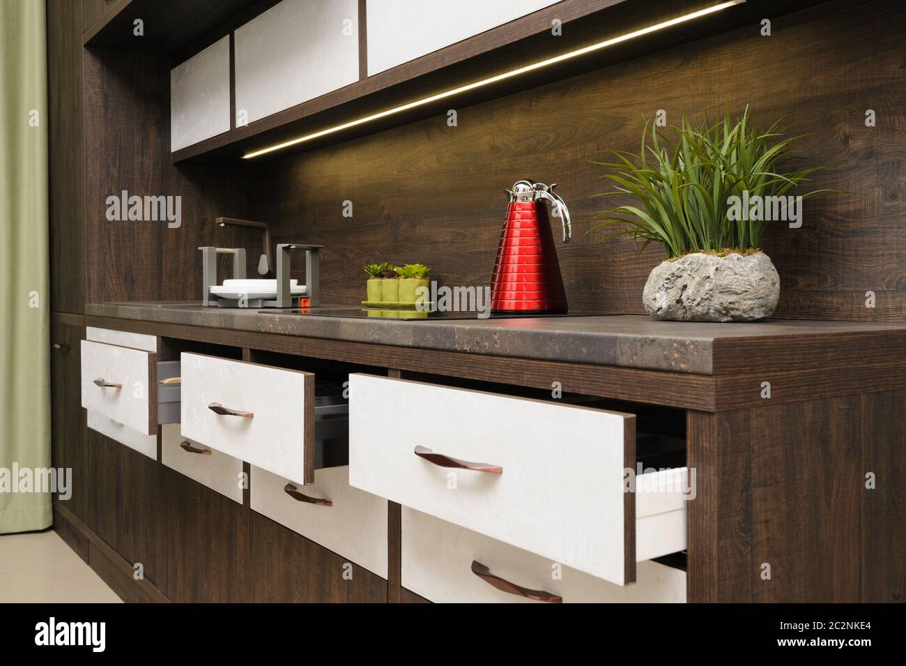 Luxury modern beige kitchen interior Stock Photo