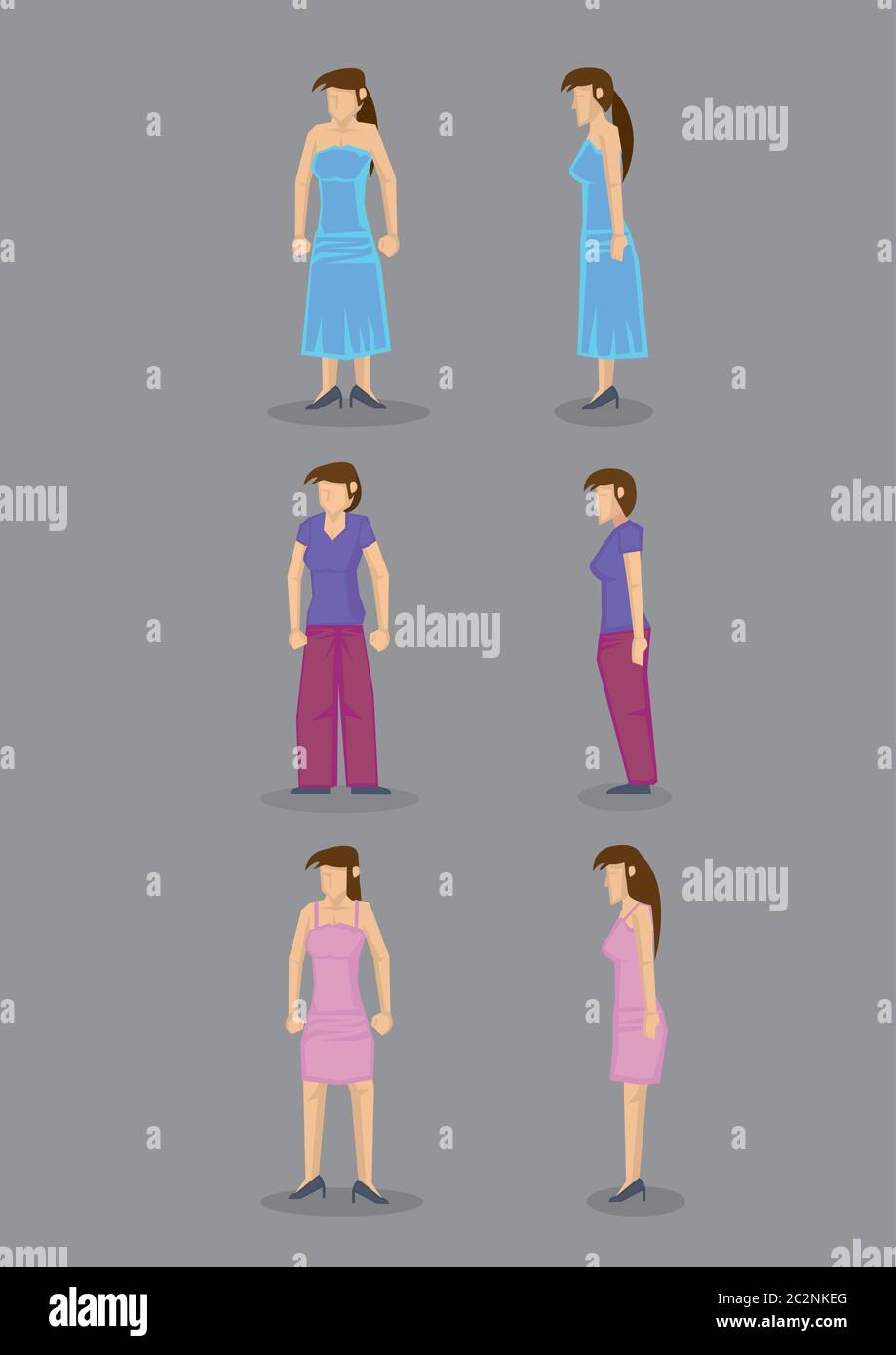 Modern woman wearing party dress, casual street wear and comfortable home clothes, in frontal and profile view. Set of six vector icons isolated on gr Stock Vector
