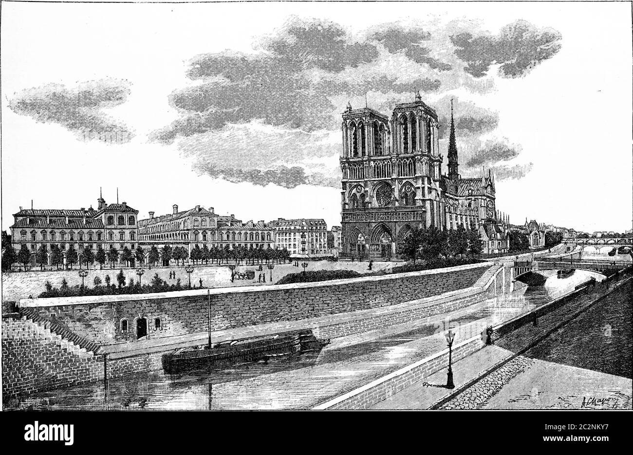 The Hotel-Dieu, the Parvis Notre-Dame and the Pont au Double, vintage engraved illustration. Paris - Auguste VITU – 1890. Stock Photo