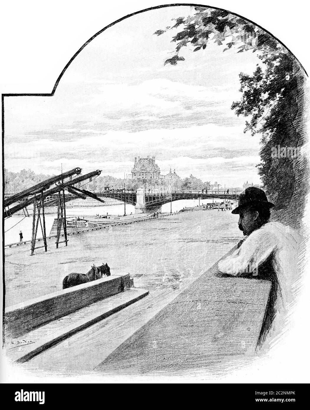 Pont de Solferino and Pavillon de Flore, seen from the Quai d'Orsay, vintage engraved illustration. Paris - Auguste VITU – 1890. Stock Photo